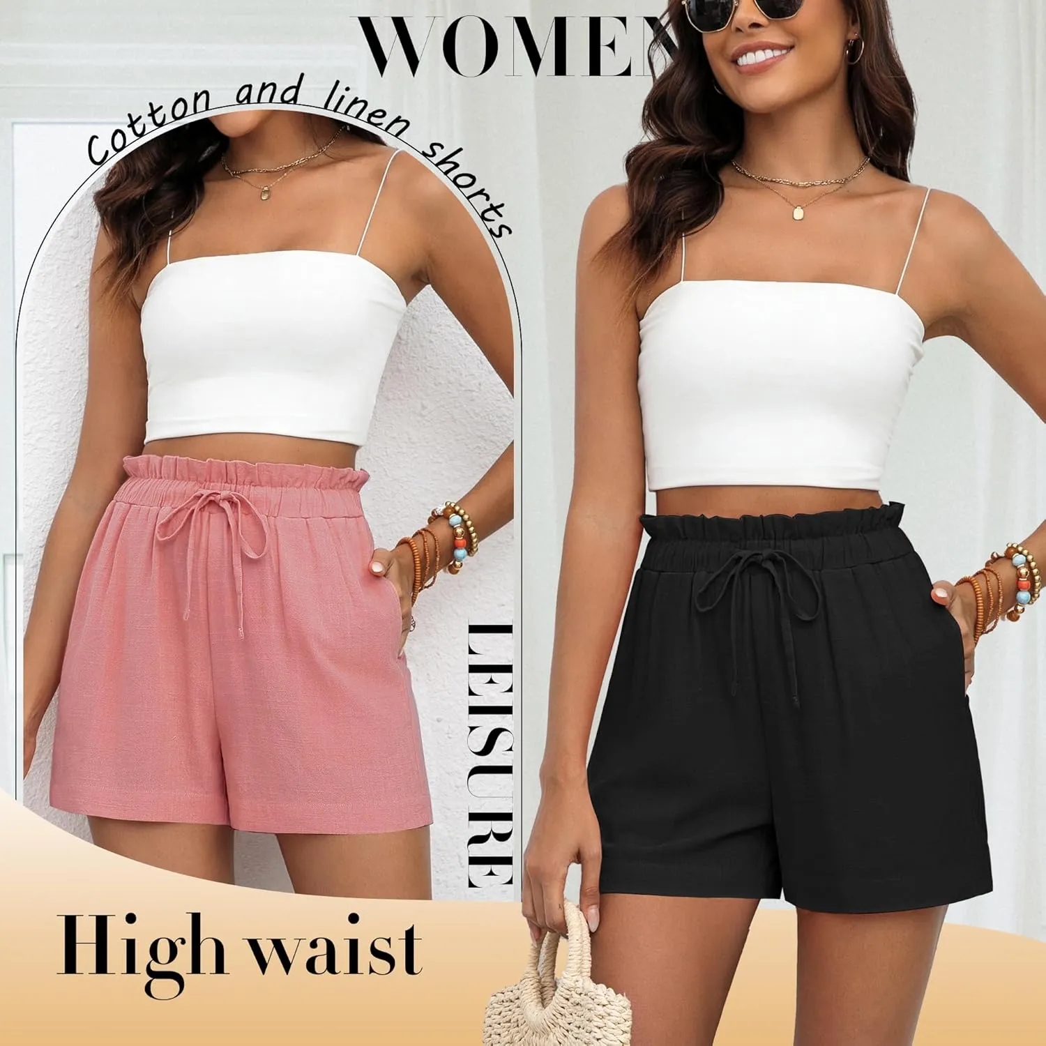 2 Pack Women's Linen Shorts Summer Cotton Casual High Waisted Wide Leg Drawstring Beach Short with Pockets