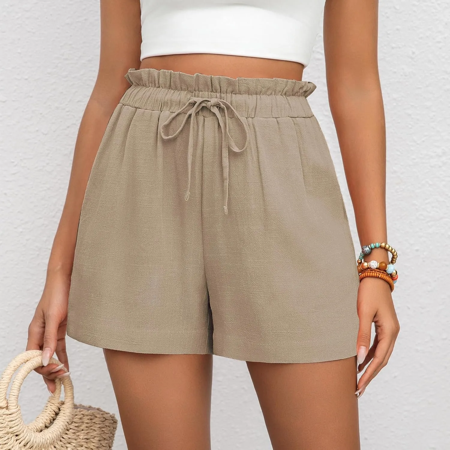 2 Pack Women's Linen Shorts Summer Cotton Casual High Waisted Wide Leg Drawstring Beach Short with Pockets