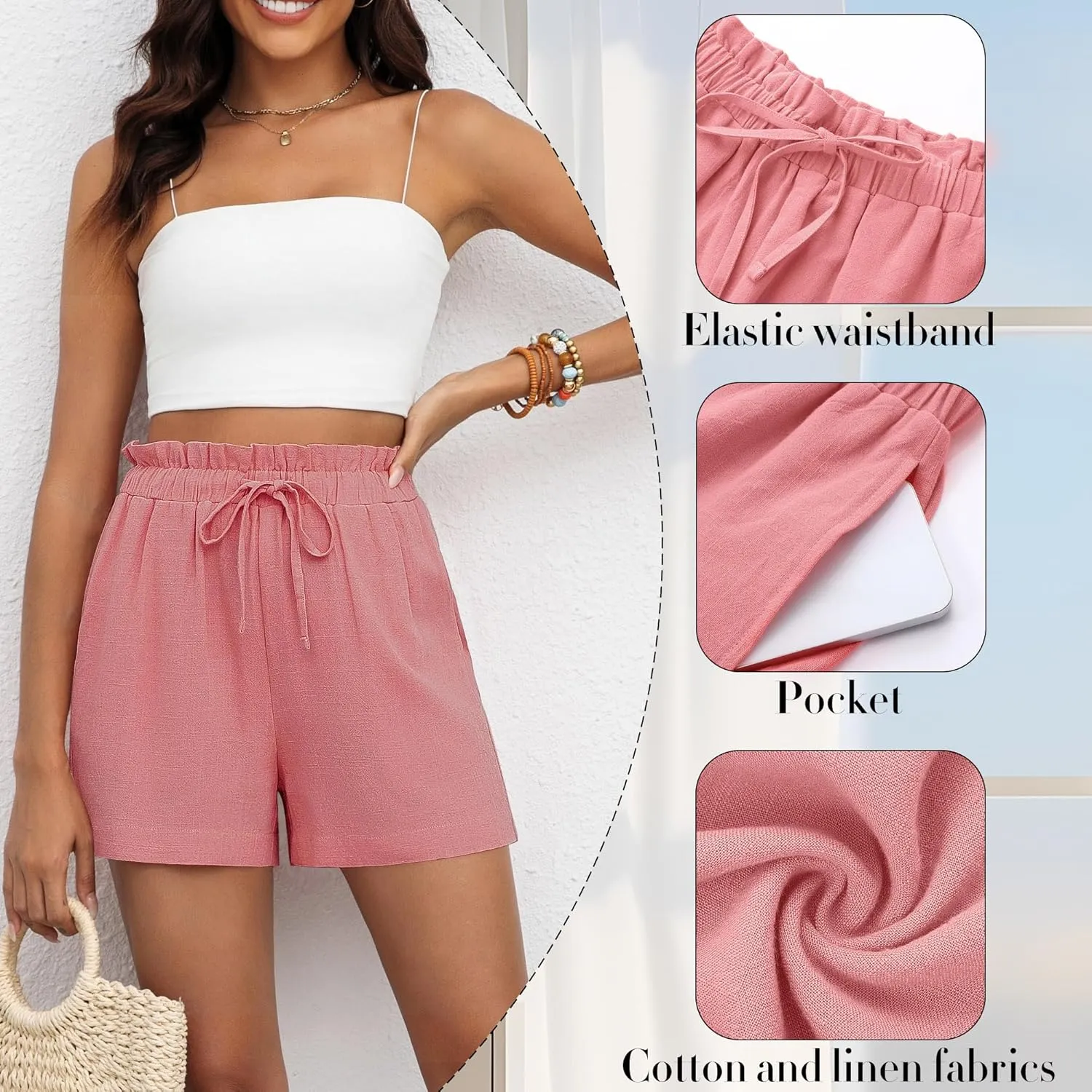 2 Pack Women's Linen Shorts Summer Cotton Casual High Waisted Wide Leg Drawstring Beach Short with Pockets