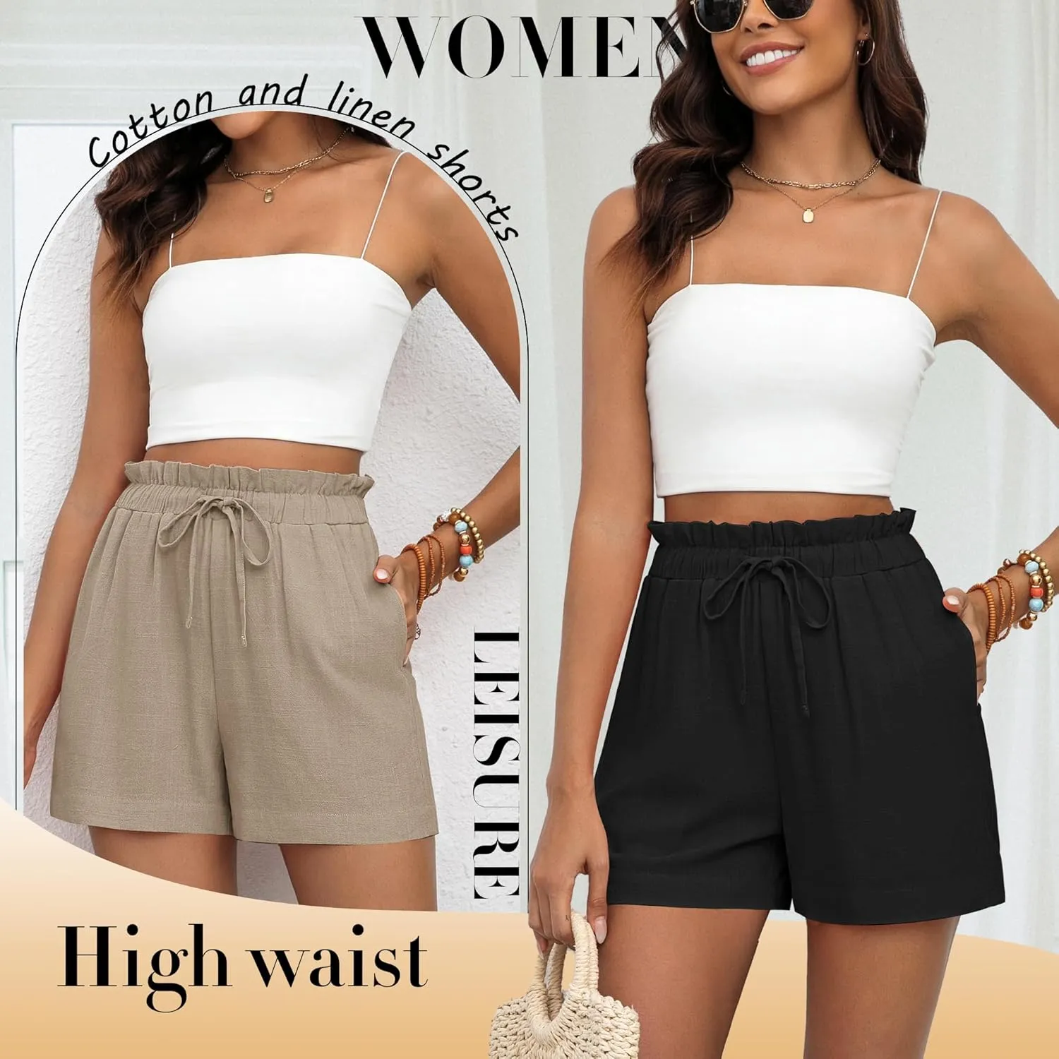 2 Pack Women's Linen Shorts Summer Cotton Casual High Waisted Wide Leg Drawstring Beach Short with Pockets
