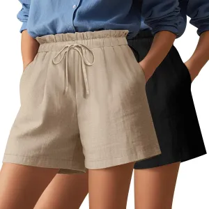 2 Pack Women's Linen Shorts Summer Cotton Casual High Waisted Wide Leg Drawstring Beach Short with Pockets