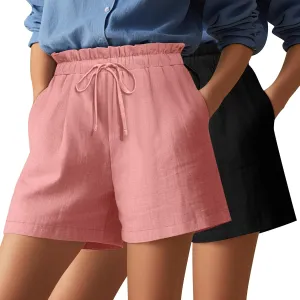2 Pack Women's Linen Shorts Summer Cotton Casual High Waisted Wide Leg Drawstring Beach Short with Pockets