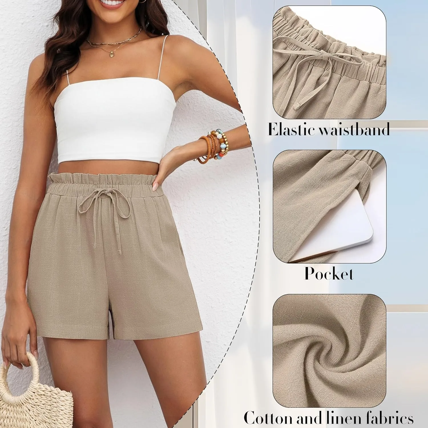 2 Pack Women's Linen Shorts Summer Cotton Casual High Waisted Wide Leg Drawstring Beach Short with Pockets