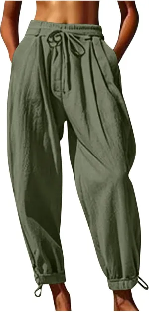 2025 Summer Linen Pants for Womens Baggy Cropped Trousers Drawstring High Waist Lounge Pants Beach Slacks with Pockets
