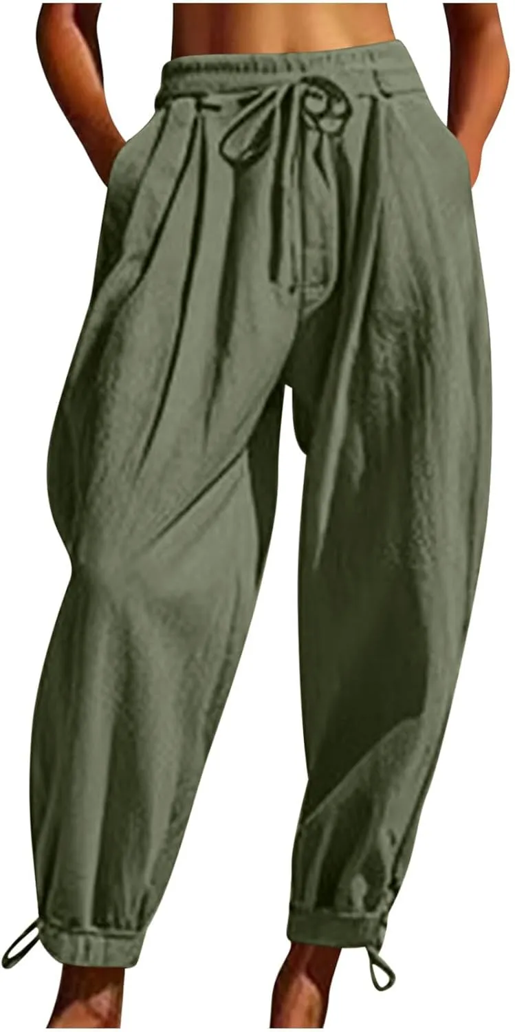 2025 Summer Linen Pants for Womens Baggy Cropped Trousers Drawstring High Waist Lounge Pants Beach Slacks with Pockets