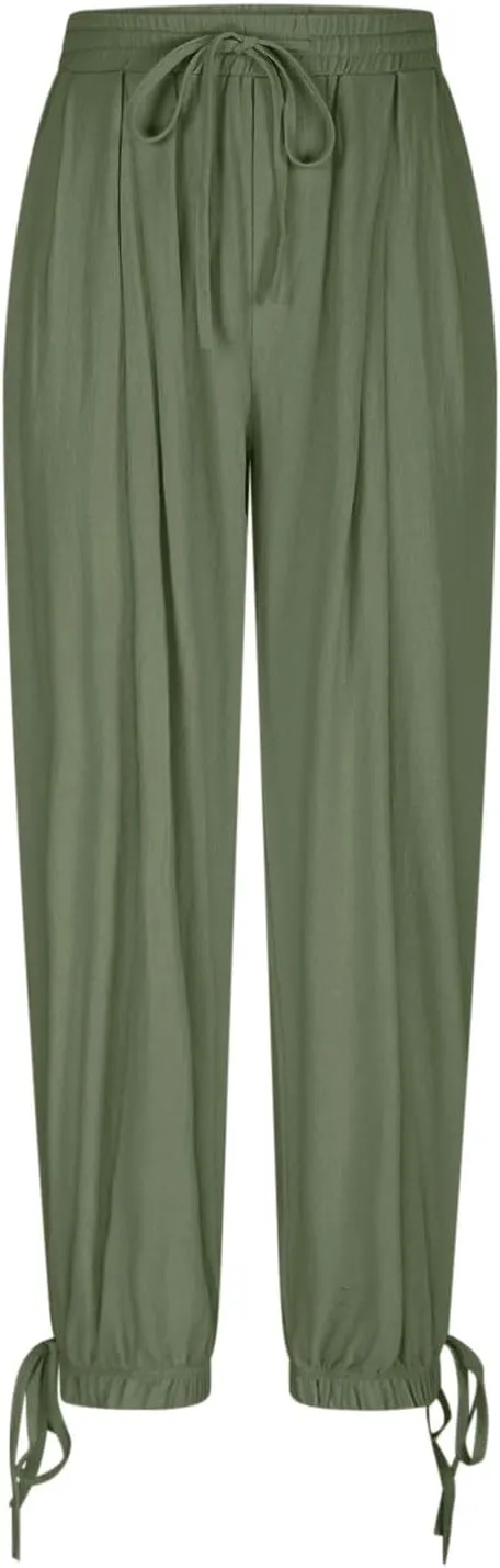 2025 Summer Linen Pants for Womens Baggy Cropped Trousers Drawstring High Waist Lounge Pants Beach Slacks with Pockets