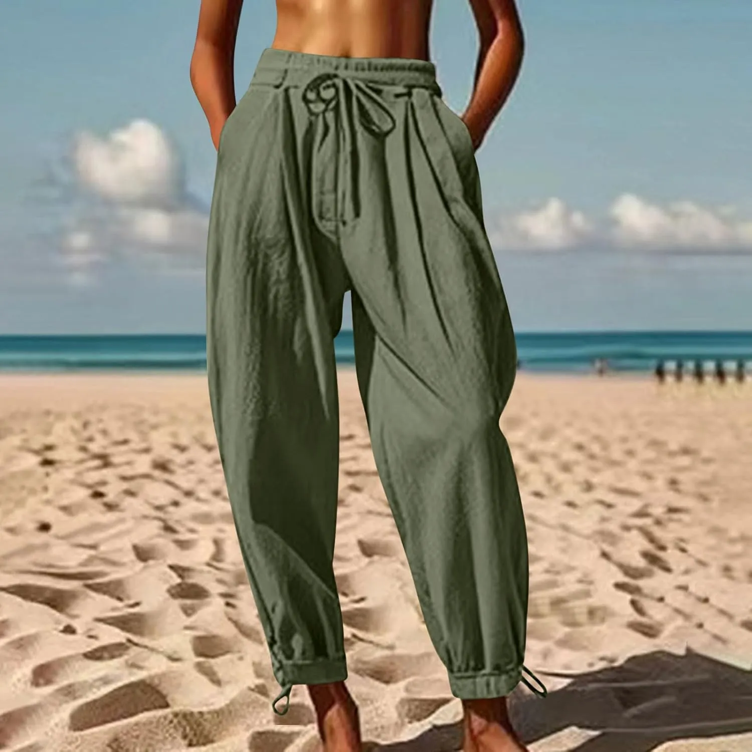 2025 Summer Linen Pants for Womens Baggy Cropped Trousers Drawstring High Waist Lounge Pants Beach Slacks with Pockets