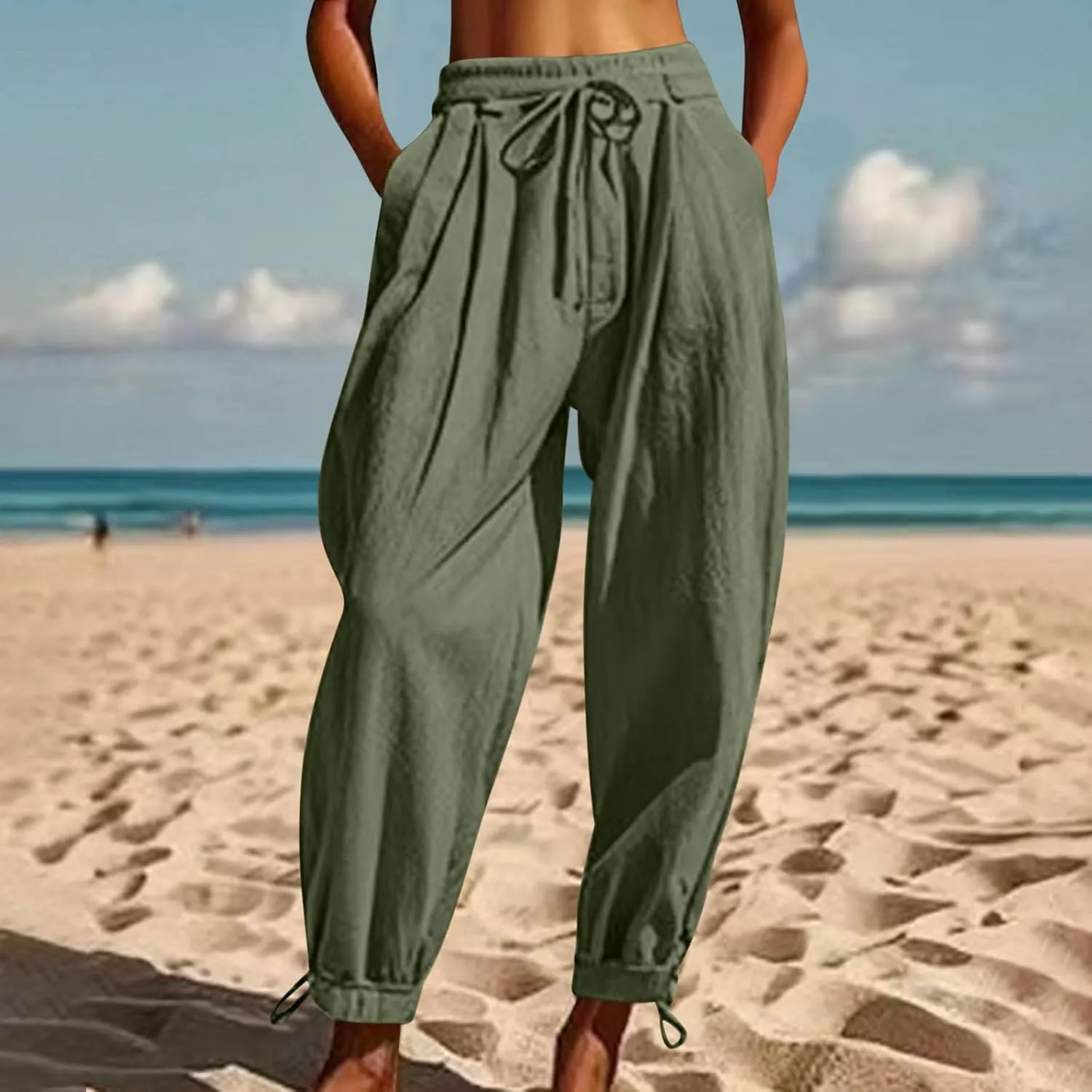 2025 Summer Linen Pants for Womens Baggy Cropped Trousers Drawstring High Waist Lounge Pants Beach Slacks with Pockets