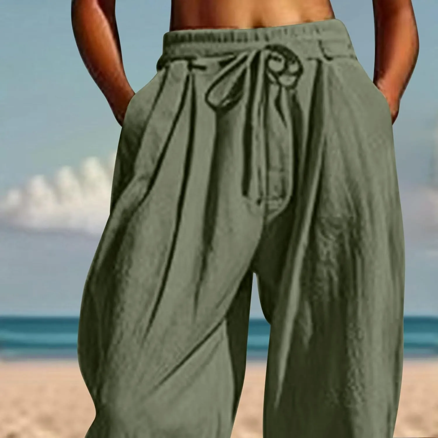 2025 Summer Linen Pants for Womens Baggy Cropped Trousers Drawstring High Waist Lounge Pants Beach Slacks with Pockets