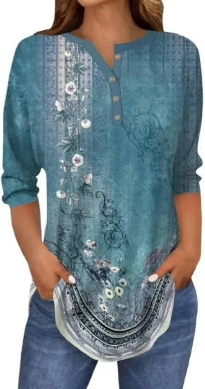 3/4 Length Sleeve Womens Tops 2025 Floral Button Up V Neck Spring Hippie Top Loose Fit Western Boho Shirts