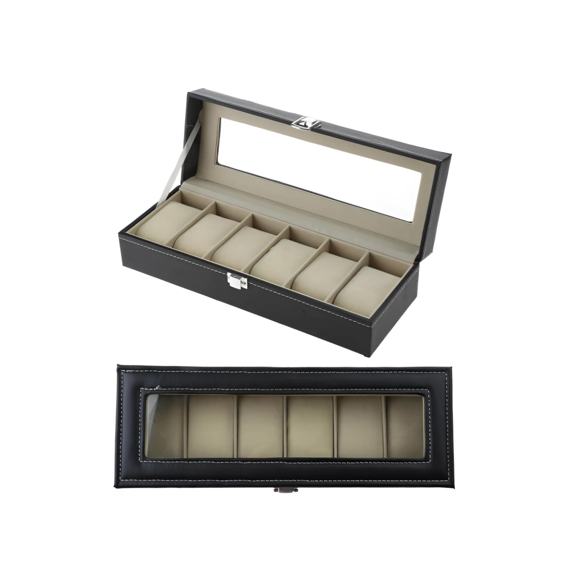 6-Slot Leather Watch Box with Word Lock and Stylish Pillow for Storage