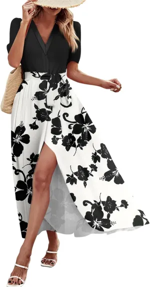 ADHOWBEW Women Dresses 2025 Vacation Boho Short Sleeve Split A Line Flowy Beach Sexy Plus Size V Neck Wrap Maxi Dress