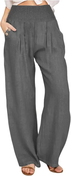 Akklian Cotton Linen Palazzo Pants Women Summer High Waisted Wide Leg Long Lounge Pant Flowy Casual Beach Trouser with Pocket