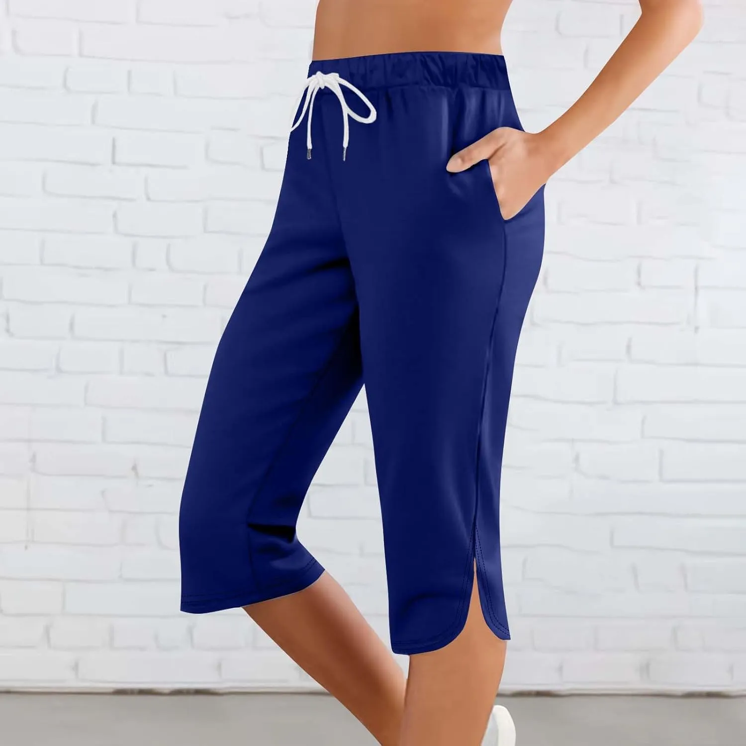 Akklian Summer Leggings with Pockets for Women Straight Wide Leg Cropped Trousers Drawstring Elastic Waist Side Slit Trousers