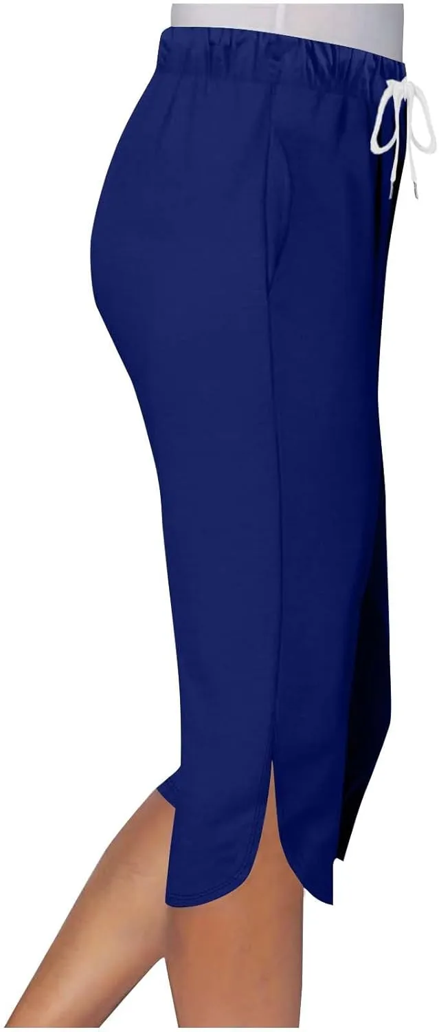 Akklian Summer Leggings with Pockets for Women Straight Wide Leg Cropped Trousers Drawstring Elastic Waist Side Slit Trousers
