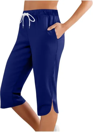 Akklian Summer Leggings with Pockets for Women Straight Wide Leg Cropped Trousers Drawstring Elastic Waist Side Slit Trousers