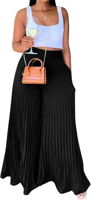 Aro Lora Womens High Waist Casual Pleated Wide Leg Long Palazzo Pants Trousers