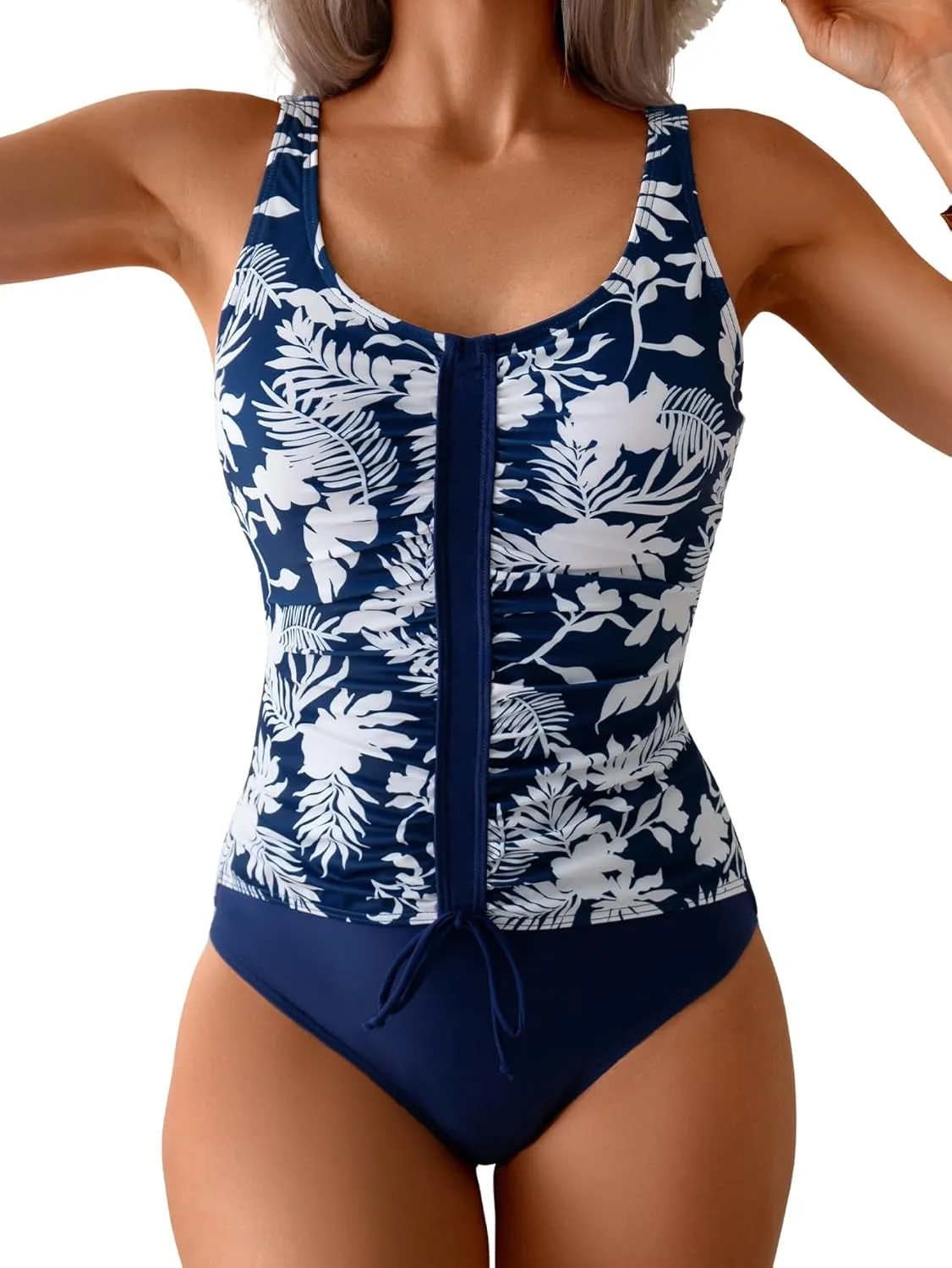 B2prity Women's One Piece Swimsuit Tummy Control Ruched Bathing Suit Slimming Color Block Swimwear