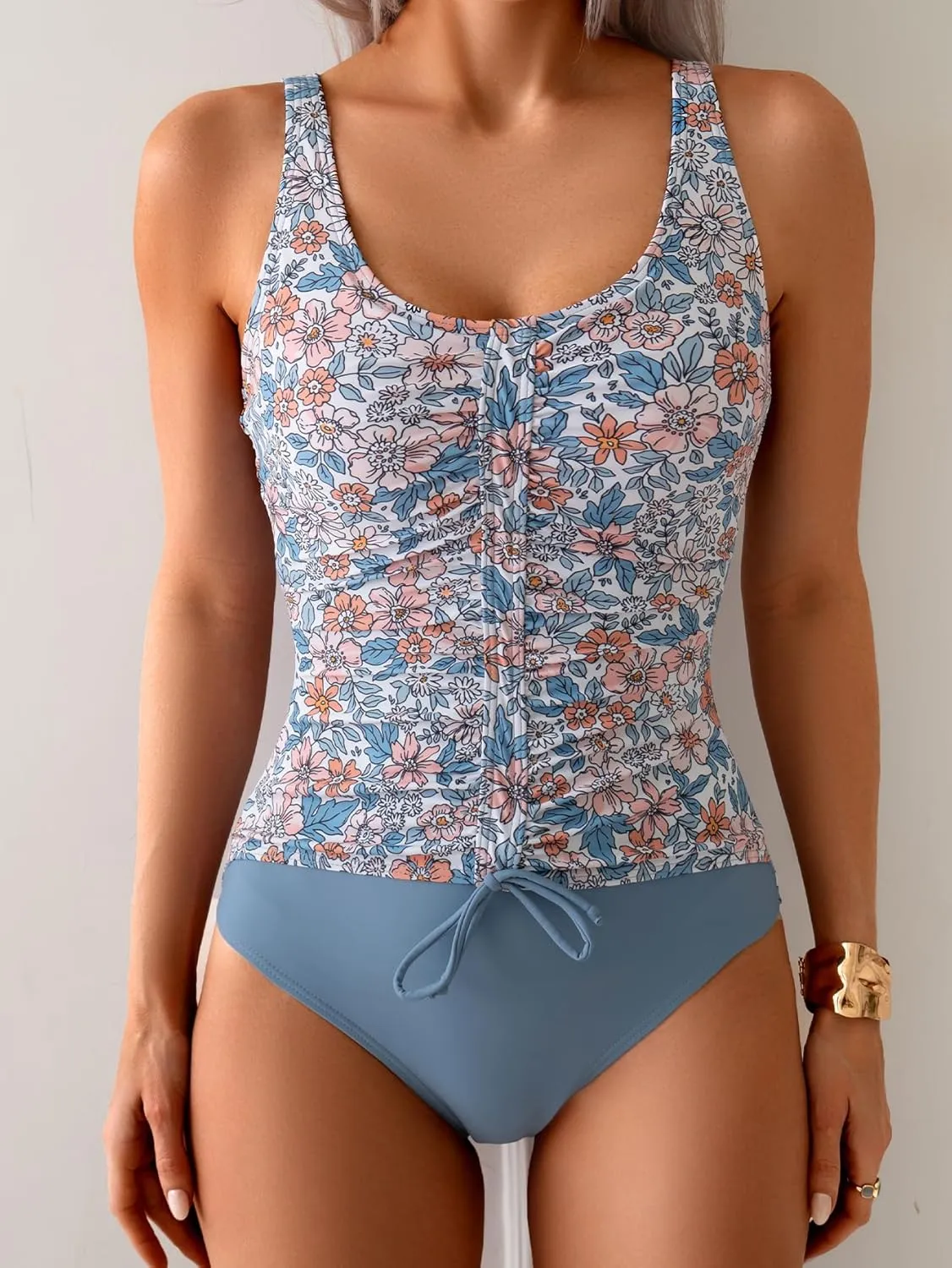 B2prity Women's One Piece Swimsuit Tummy Control Ruched Bathing Suit Slimming Color Block Swimwear
