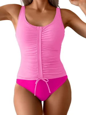 B2prity Women's One Piece Swimsuit Tummy Control Ruched Bathing Suit Slimming Color Block Swimwear