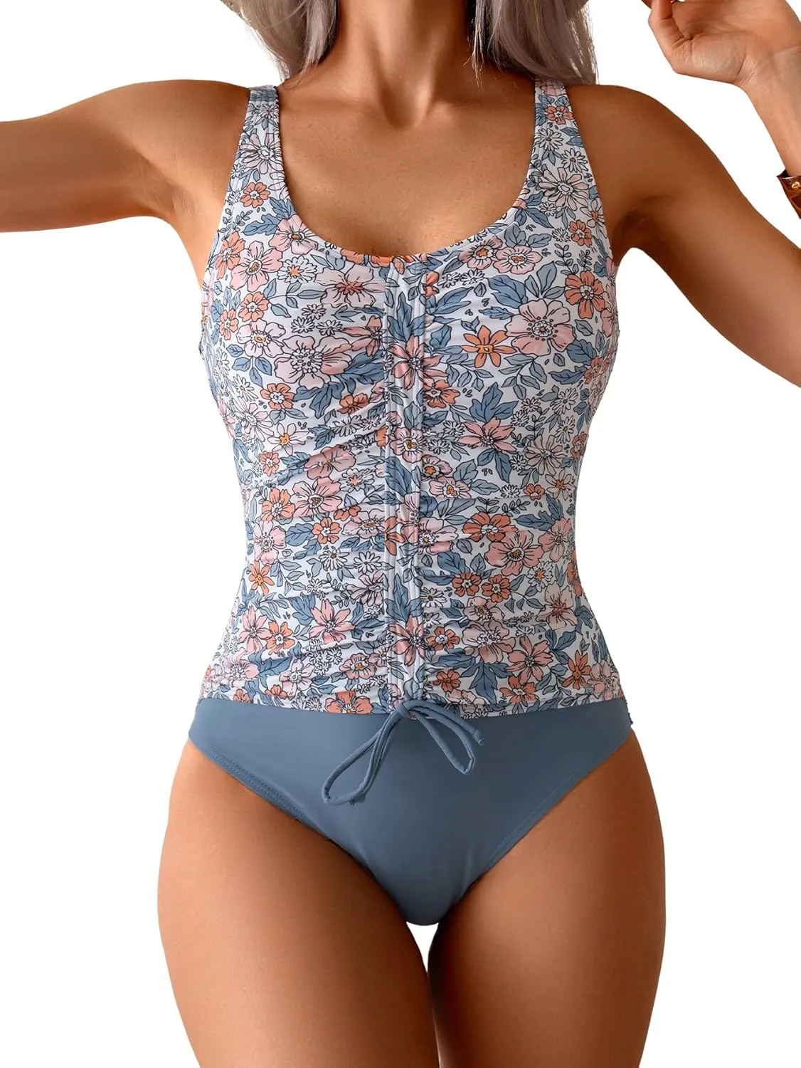 B2prity Women's One Piece Swimsuit Tummy Control Ruched Bathing Suit Slimming Color Block Swimwear