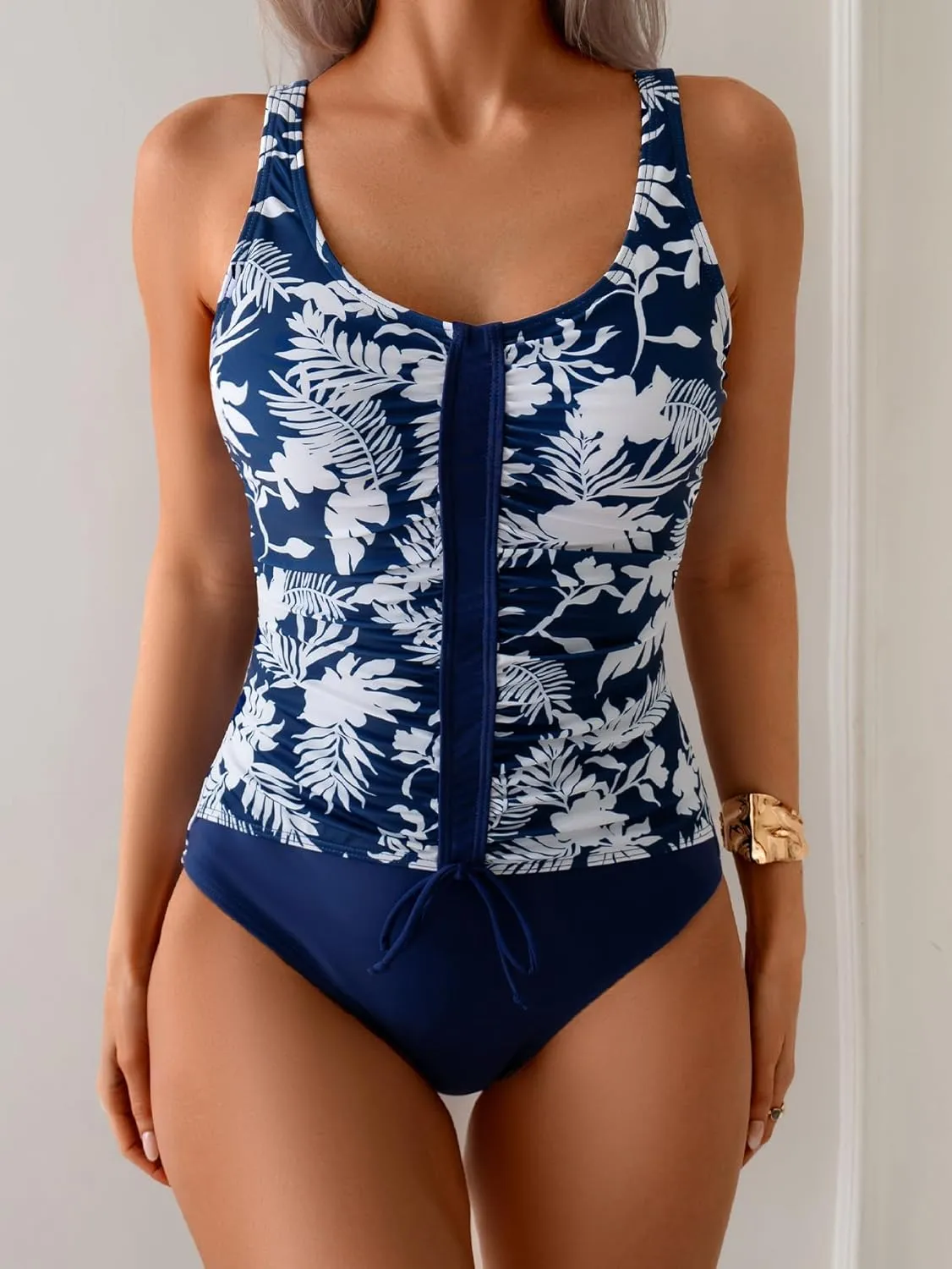 B2prity Women's One Piece Swimsuit Tummy Control Ruched Bathing Suit Slimming Color Block Swimwear