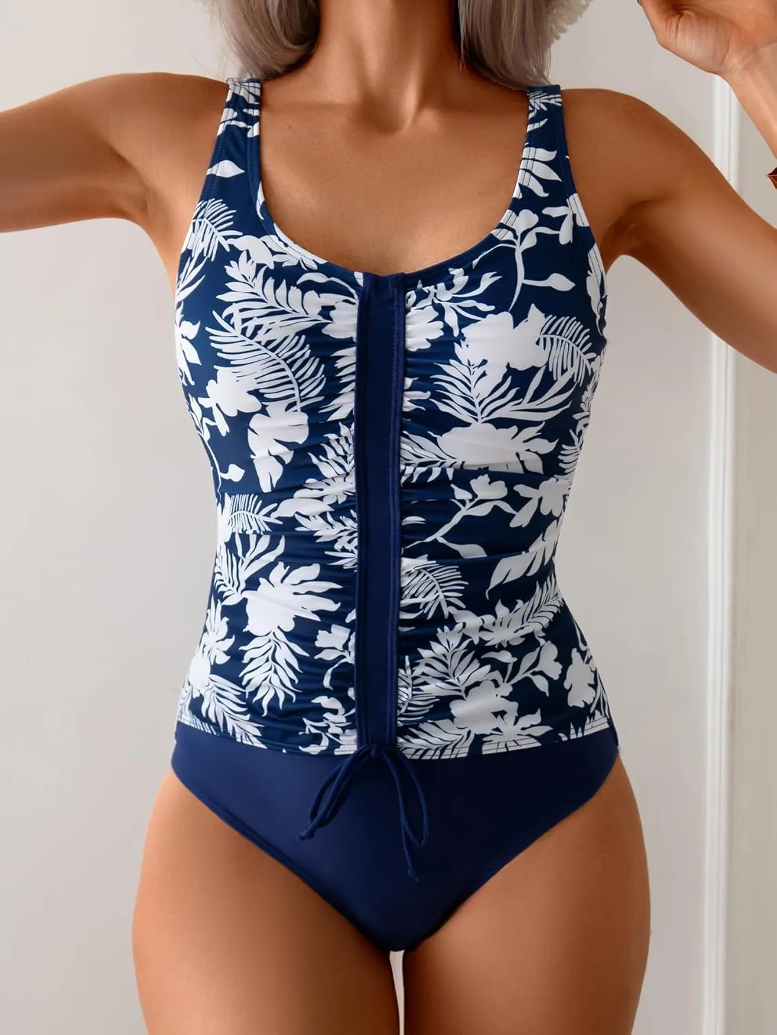 B2prity Women's One Piece Swimsuit Tummy Control Ruched Bathing Suit Slimming Color Block Swimwear