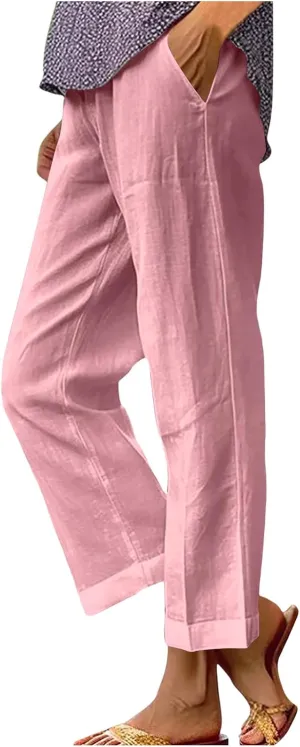 Beach Pants for Women High Waisted Linen Pants 2025 Summer Beach Vacation Outfits Straight Leg Trousers with Pockets
