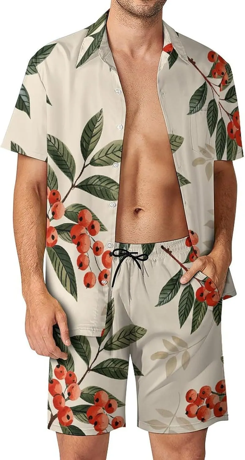 Berries And Leaves Mens Swimsuit 2 Pieces Set Quick Dry Shorts Shirts Summer Button Down Short Sleeve Set