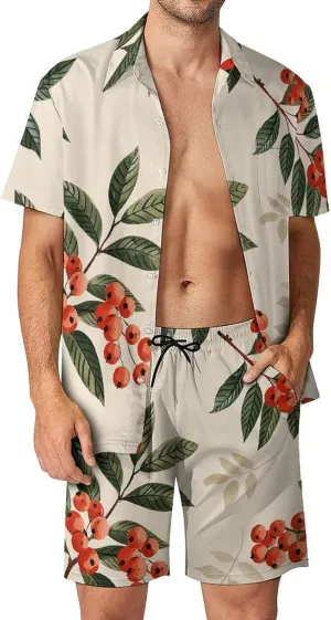 Berries And Leaves Mens Swimsuit 2 Pieces Set Quick Dry Shorts Shirts Summer Button Down Short Sleeve Set