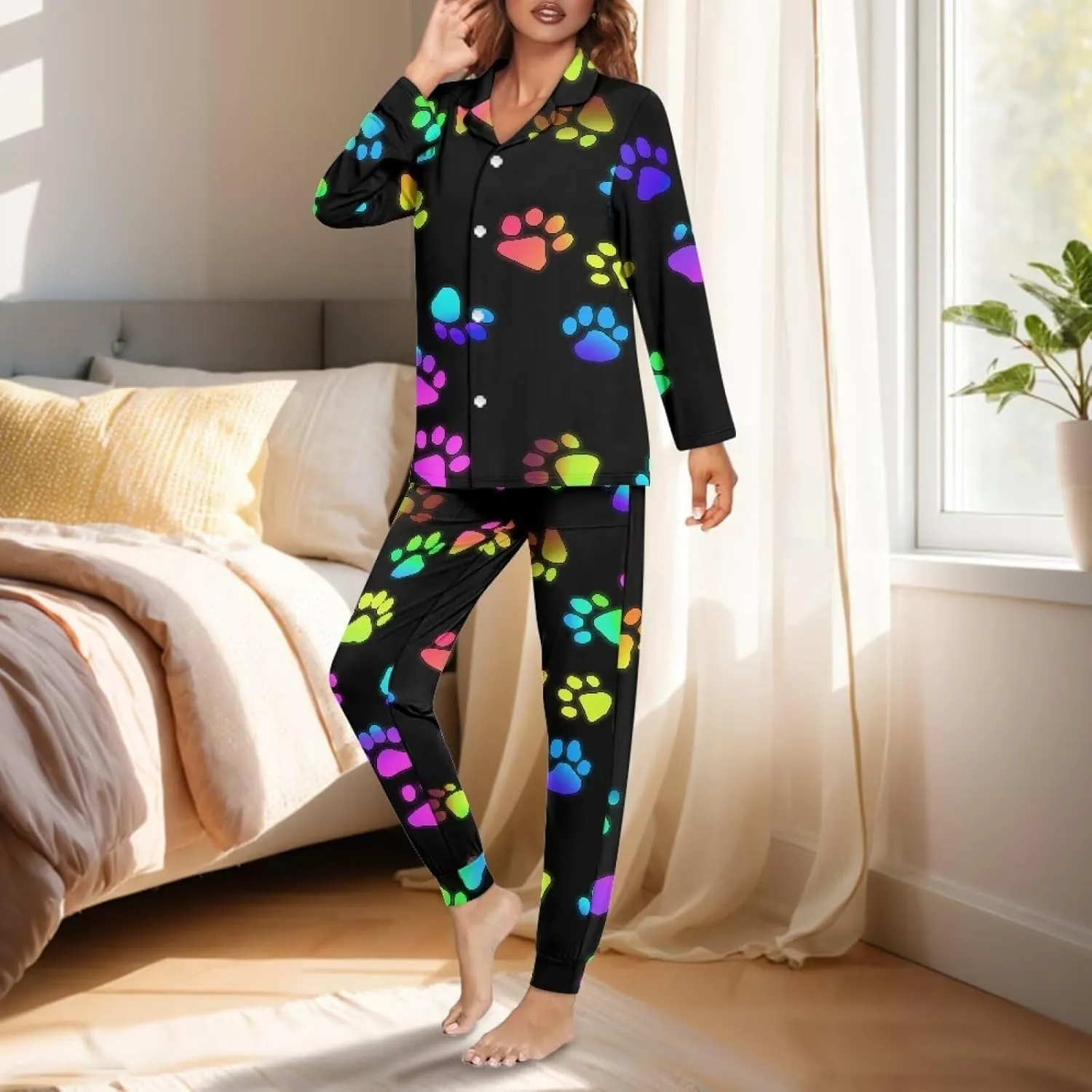 Biyejit Women's Two Piece Pajama Set Long Sleeve Lounge Sets Button Down Shirts and Jogger Pant PJs Soft Sleepwear Set
