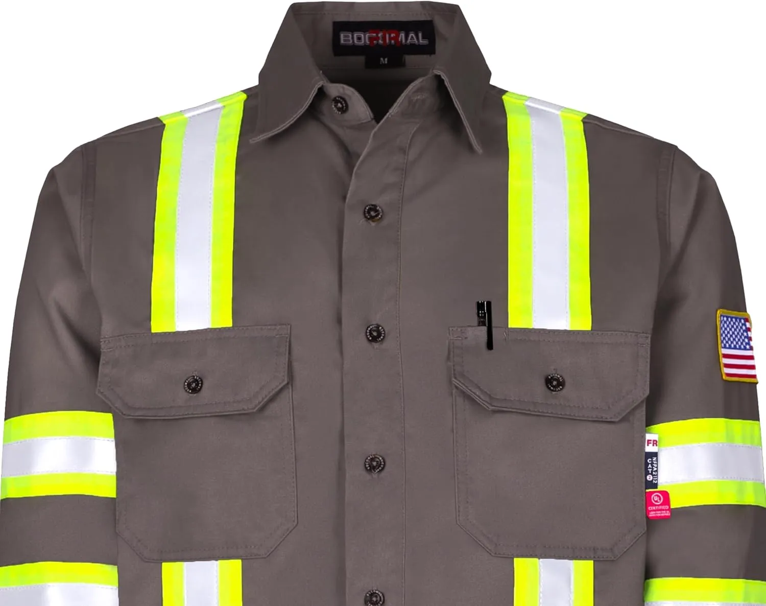BOCOMAL FR Shirts High Visibility Button Down 7.5oz ANSI/ISEA Type O Class1 Flame Resistant Hi Vis Refective Safety Jacket