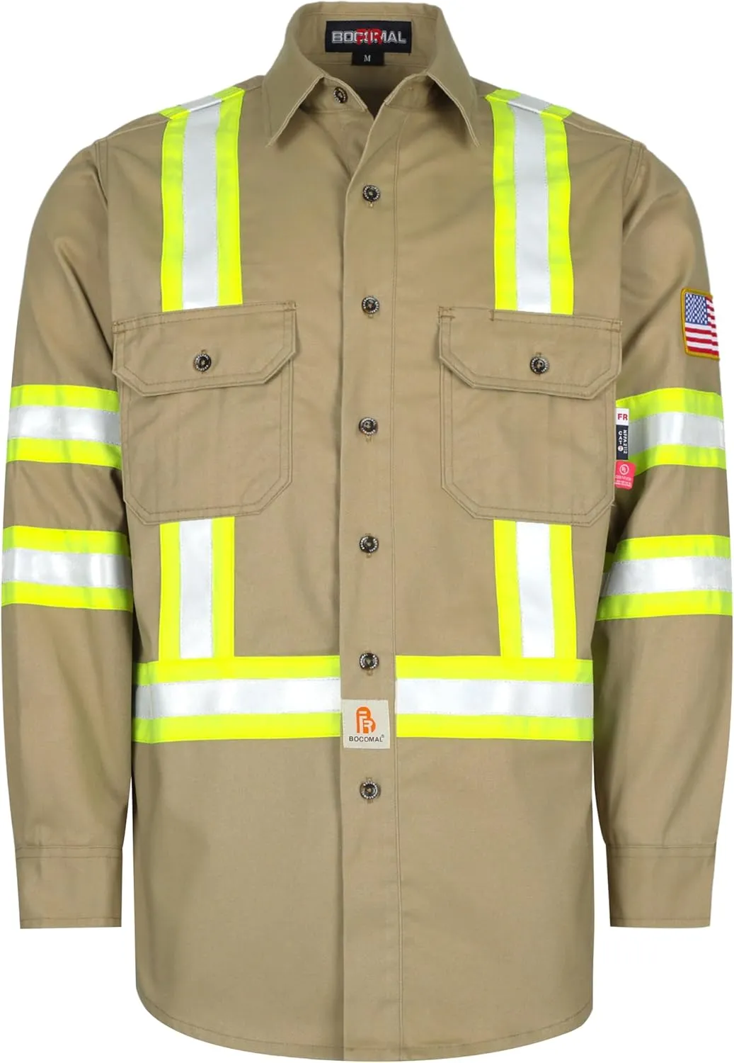 BOCOMAL FR Shirts High Visibility Button Down 7.5oz ANSI/ISEA Type O Class1 Flame Resistant Hi Vis Refective Safety Jacket