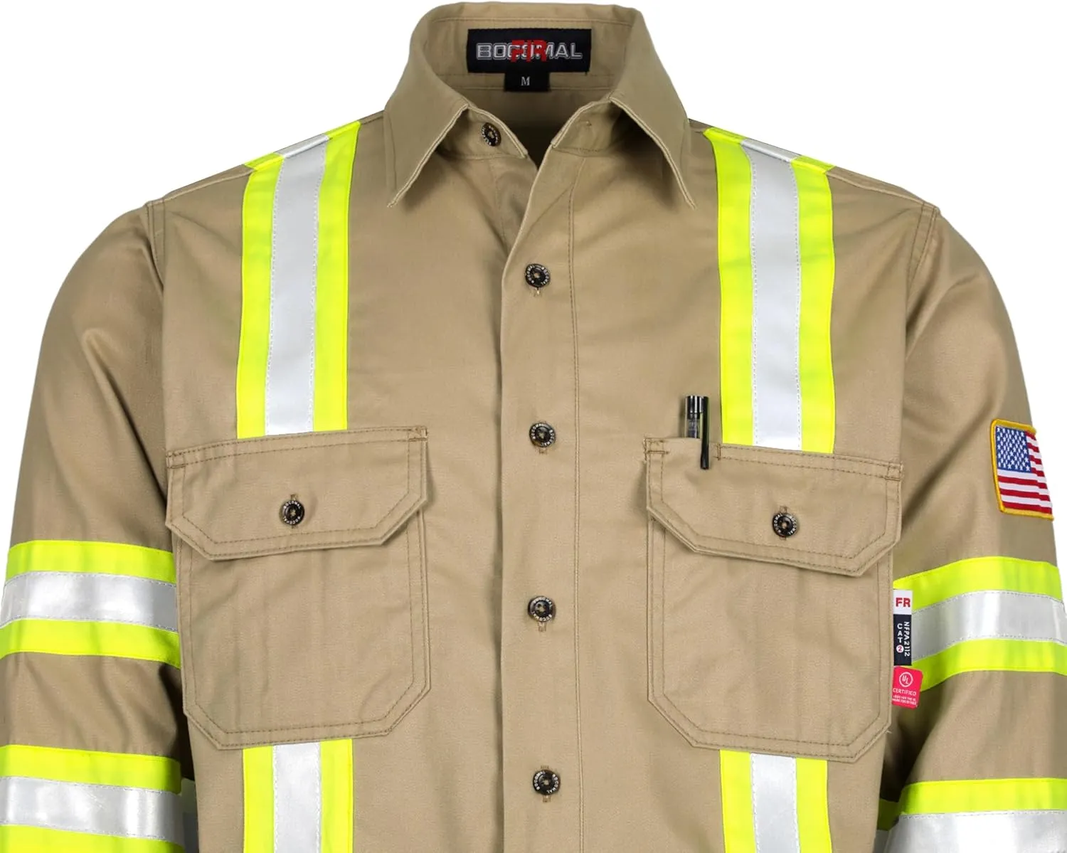 BOCOMAL FR Shirts High Visibility Button Down 7.5oz ANSI/ISEA Type O Class1 Flame Resistant Hi Vis Refective Safety Jacket
