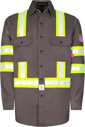 BOCOMAL FR Shirts High Visibility Button Down 7.5oz ANSI/ISEA Type O Class1 Flame Resistant Hi Vis Refective Safety Jacket