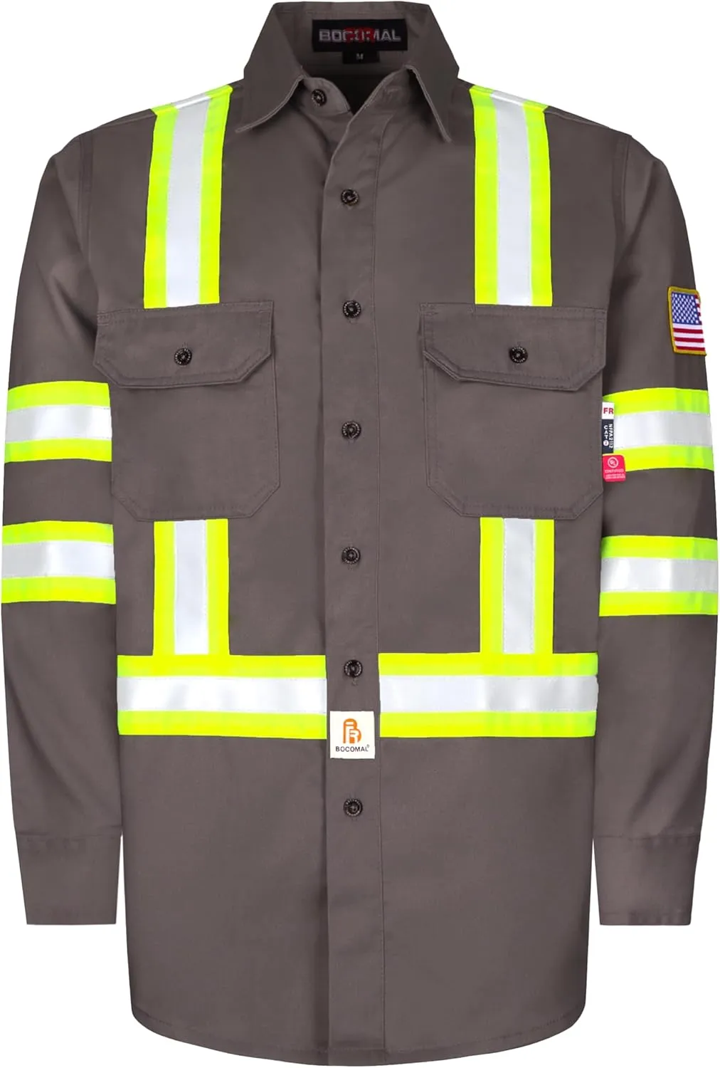 BOCOMAL FR Shirts High Visibility Button Down 7.5oz ANSI/ISEA Type O Class1 Flame Resistant Hi Vis Refective Safety Jacket