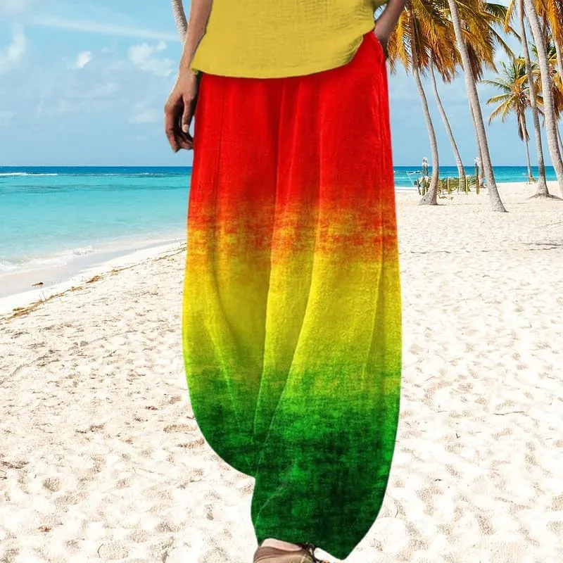 Boho Wide Leg Linen Pants for Women Summer Loose Pleated Elastic Waist Baggy Pants with Pockets Plus Size