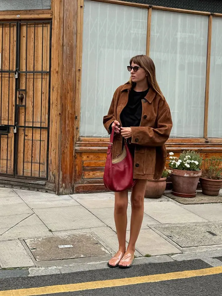 Brown Single Breasted Lapel Loose Jacket For Woman Casual Warm Long Sleeve Short Coat 2024 Autumn Lady High Street Outerwear