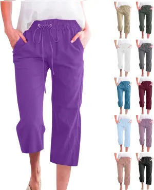 Buy Again Orders My Past Orders,Capri Pants for Women Casual Summer Cotton Linen Capris Drawstring Elastic High Waist Pants Wide Leg Cropped Trouser