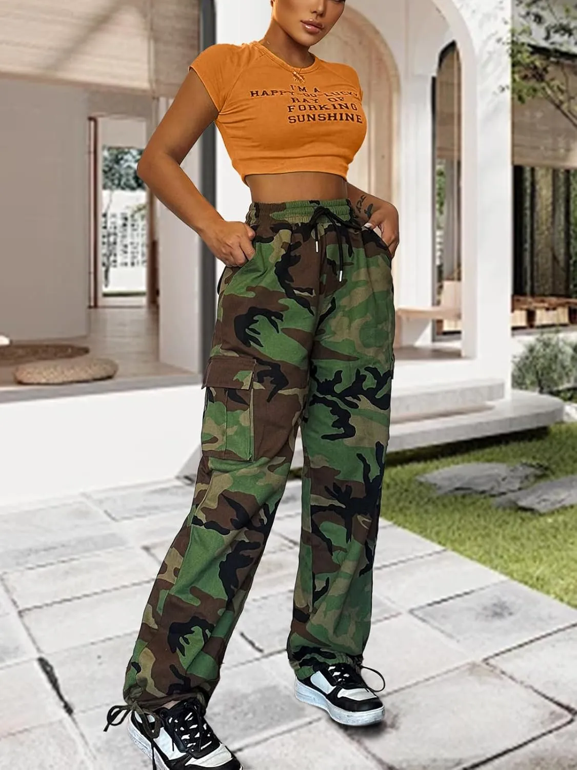 Camo Cargo Pants for Women,Womens Drawstring Elastic Waist Cargo Pants with Pocket,Baggy Camouflage Pants for Women