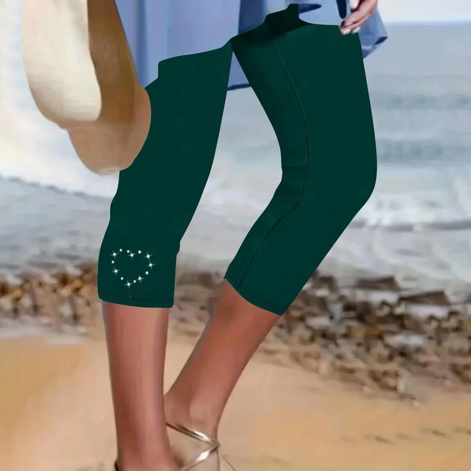 Capri Leggings for Women Rhinestone High Waist Capris Pants Tummy Control Knee Length Slim Fit Yoga Cropped Trouser