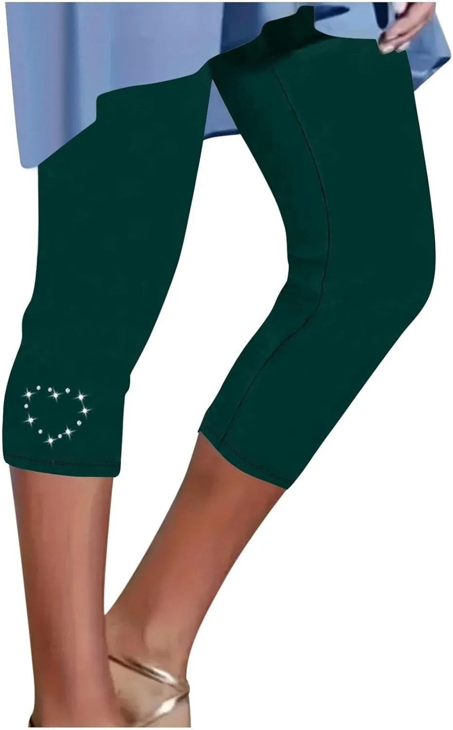 Capri Leggings for Women Rhinestone High Waist Capris Pants Tummy Control Knee Length Slim Fit Yoga Cropped Trouser