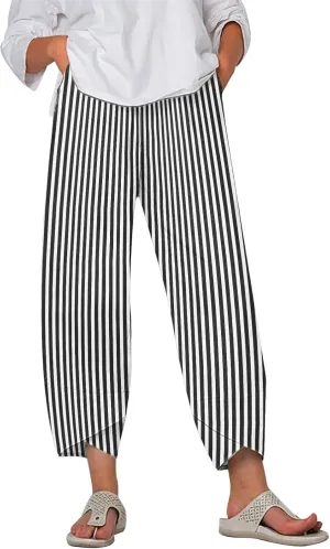 Capri Linen Pants for Women Summer Casual Wide Leg Pants Loose Fit Palazzo Trousers Elastic Waist Cropped Trousers