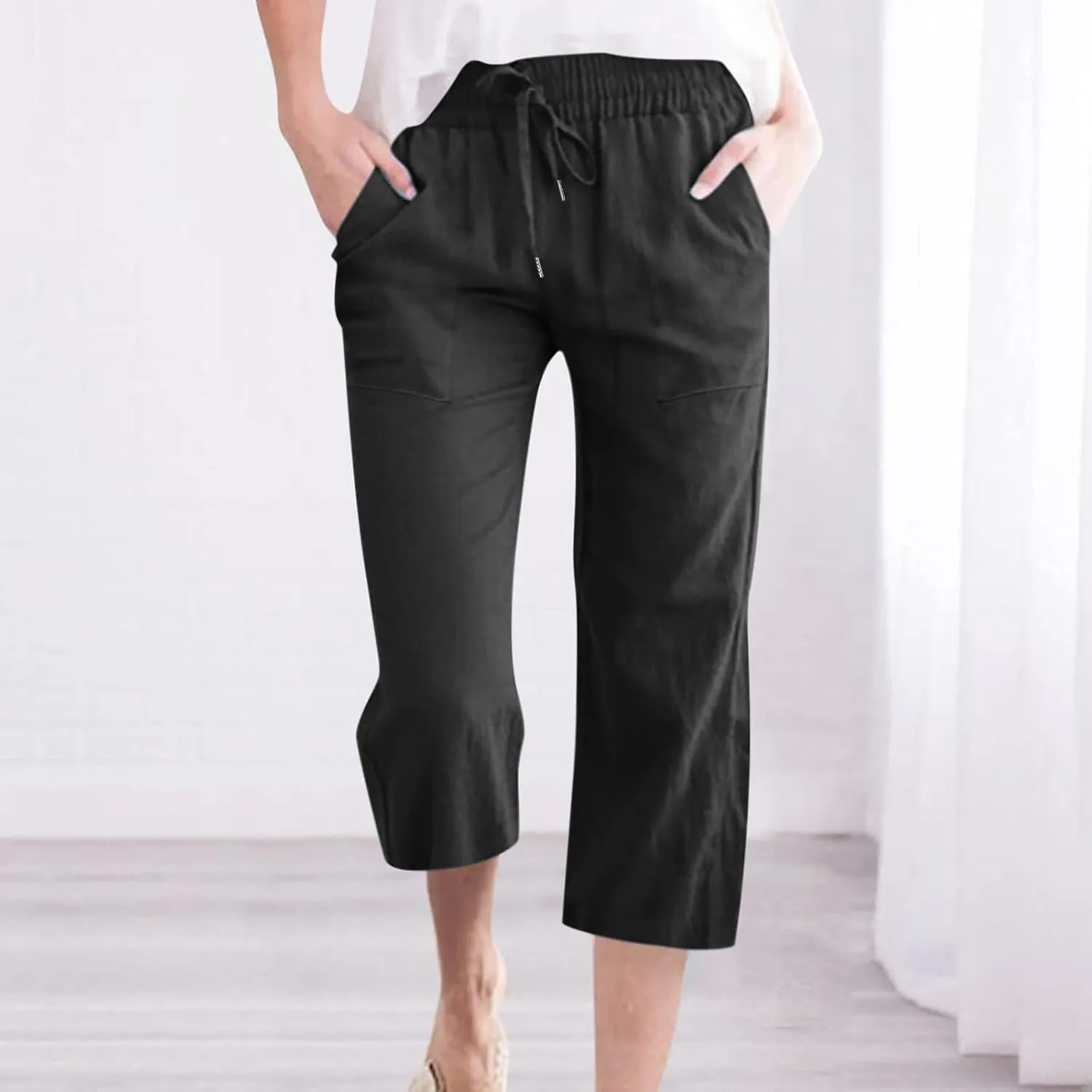 Capri Pants for Women Casual 2024 Summer Drawstring Elastic High Waist Linen Pant Straight Wide Leg Cropped Trouser