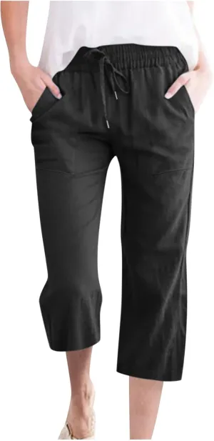 Capri Pants for Women Casual 2024 Summer Drawstring Elastic High Waist Linen Pant Straight Wide Leg Cropped Trouser