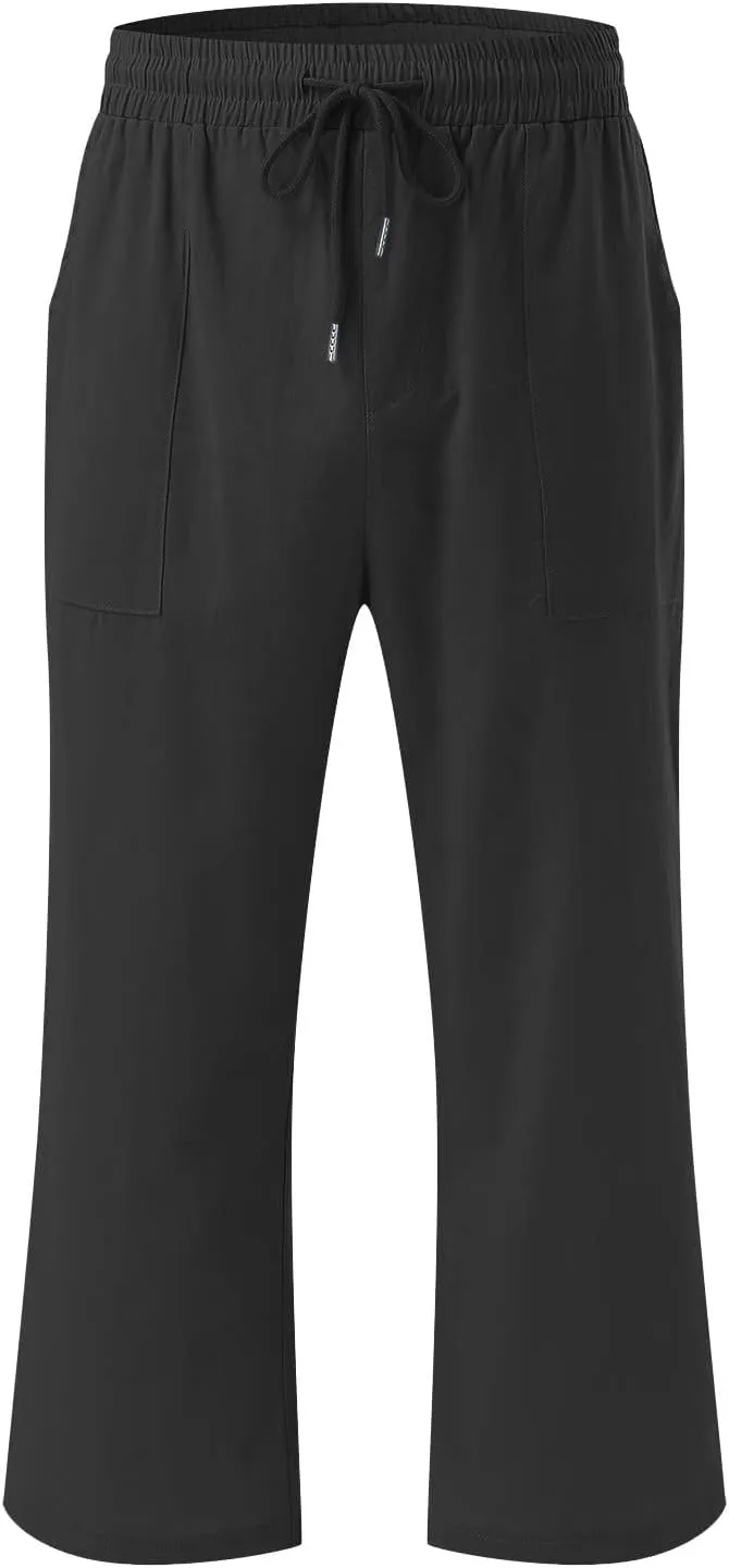 Capri Pants for Women Casual 2024 Summer Drawstring Elastic High Waist Linen Pant Straight Wide Leg Cropped Trouser
