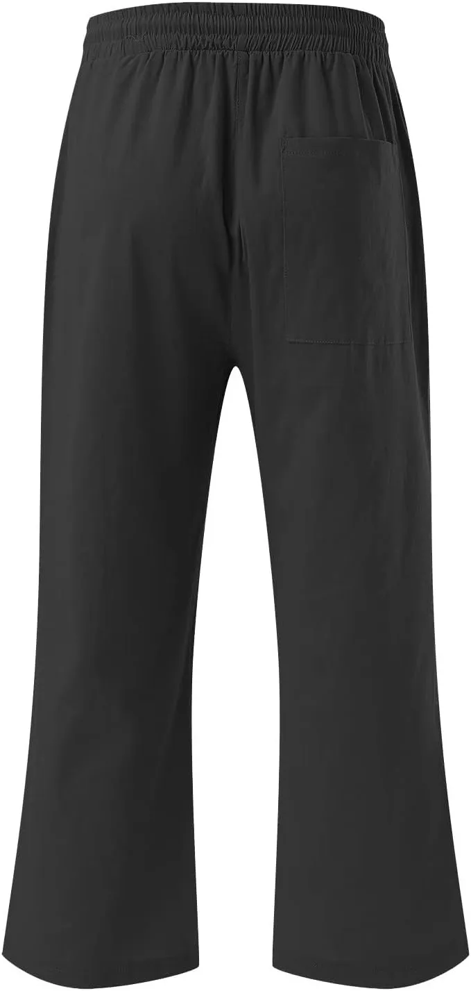 Capri Pants for Women Casual 2024 Summer Drawstring Elastic High Waist Linen Pant Straight Wide Leg Cropped Trouser