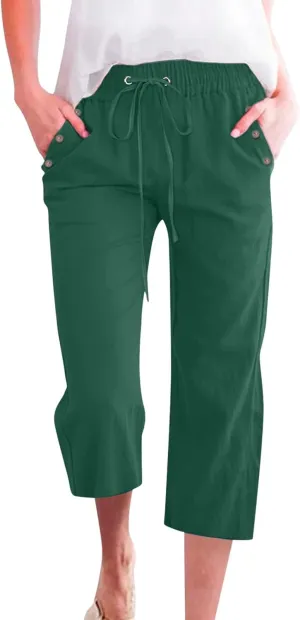 Capri Pants for Women Casual 2025 Summer Drawstring Elastic High Waist Linen Pant