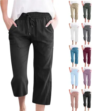 Capri Pants for Women Casual Summer Cotton Linen Capris Drawstring Elastic High Waist Pants Wide Leg Cropped Trouser 2025 New