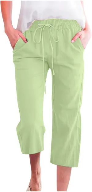 Capri Pants for Women Cotton Linen Casual Summer 2025 Straight Wide Leg Drawstring Elastic Waist Cropped Trouser